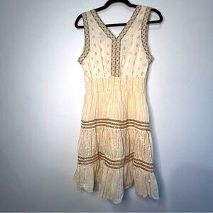 NAOO Nation AK Outfits, sleeveless v-neck boho dress ivory/gold. Sz M. Preowned.